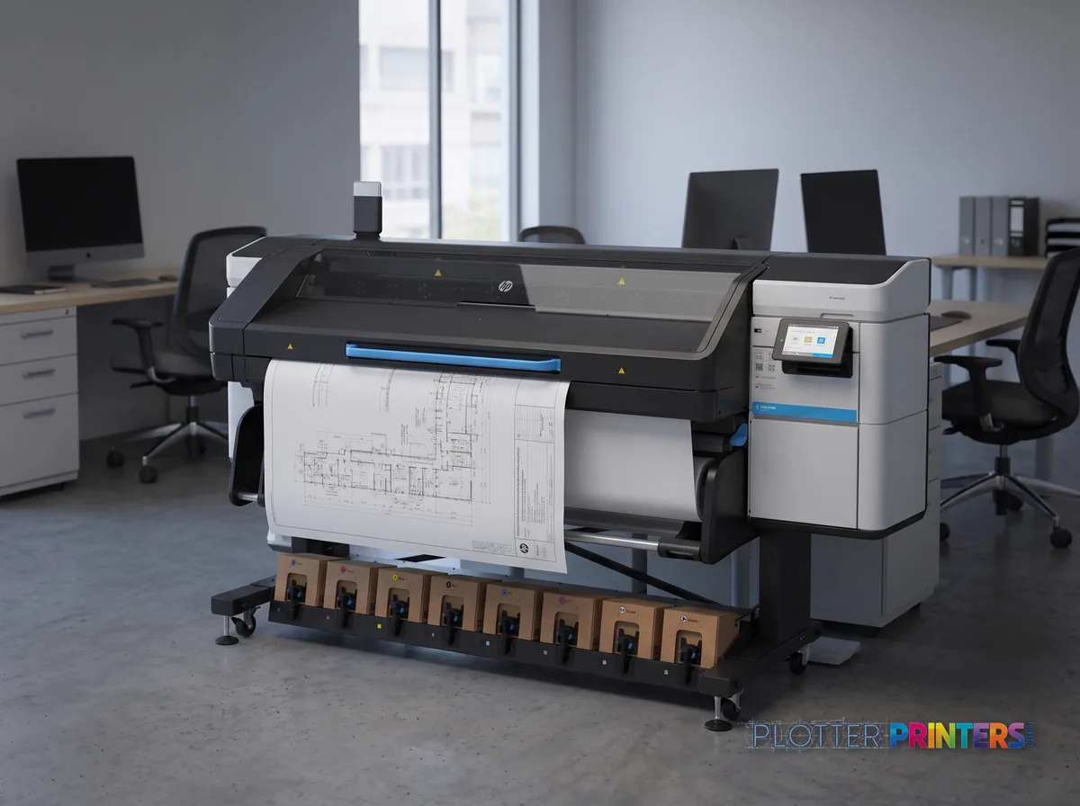 HP Latex 830 64-in Wide-Format Printer in an engineering office with a technical drawing at its print slot (staged scene from manufacturer product photography)