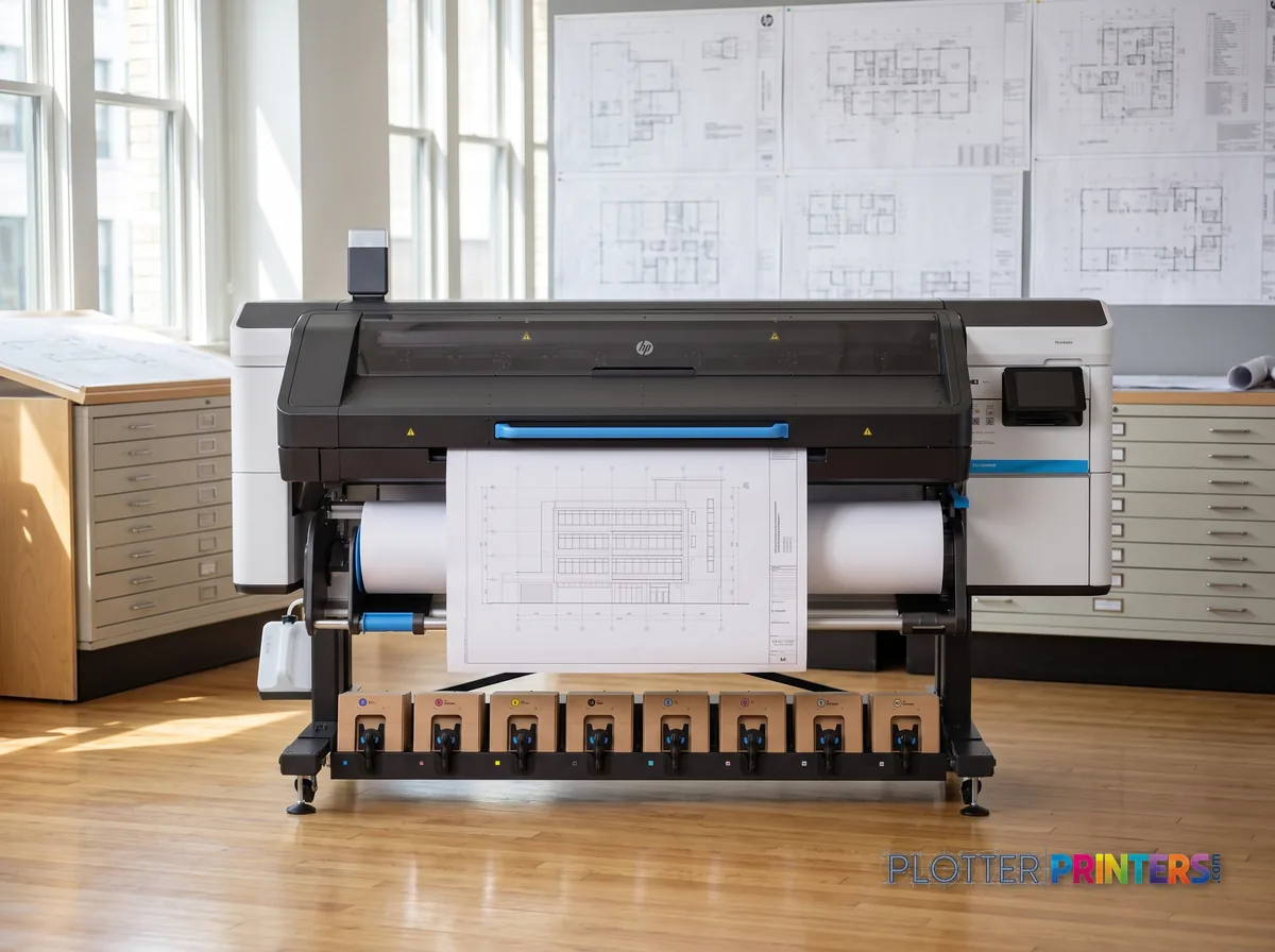 HP Latex 830 64-in Wide-Format Printer in a plan room beside flat-file drawers, printing a CAD elevation (staged scene from manufacturer product photography)