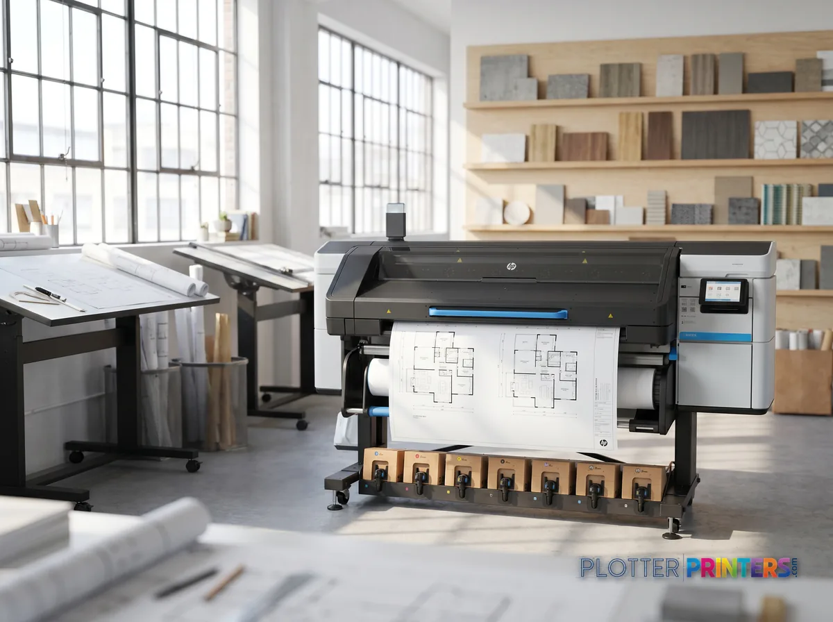 HP Latex 830 64-in Wide-Format Printer in a bright architecture studio, printing a large floor plan (staged scene from manufacturer product photography)
