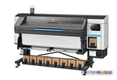 HP Latex 830 W large-format printer product image showing white and black printer with ink cartridges and stand