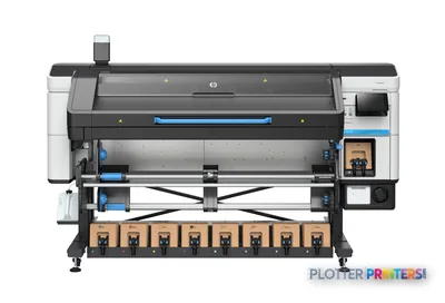 HP Latex 830 W printer product image showing white and black large-format printer with blue accents and ink cartridges
