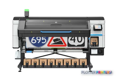 HP Latex 830 W printer product image showing front view with white and black design, control panel, and sample print output