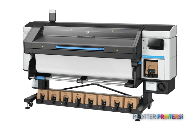 HP Latex 830 W large-format printer product image showing white and black printer with ink cartridges and stand