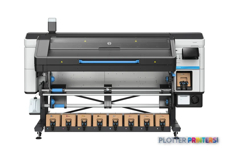 HP Latex 830 W printer product image showing white and black large-format printer with blue accents and ink cartridges