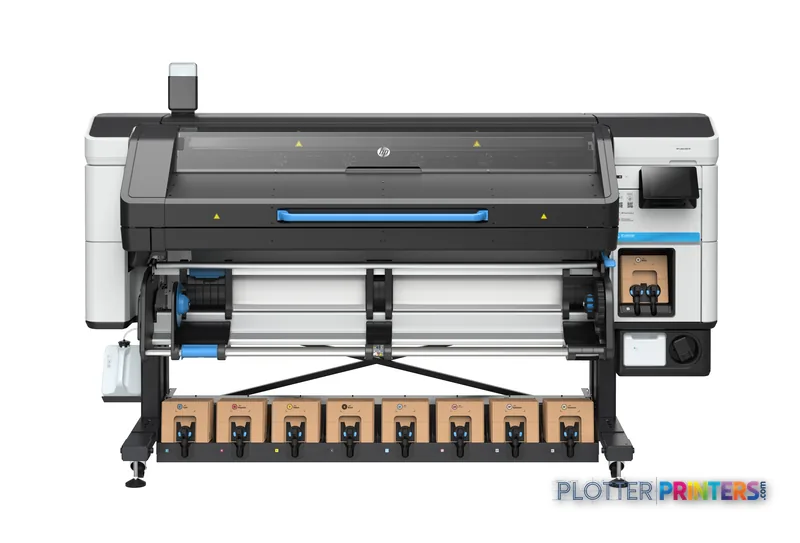 HP Latex 830 W large-format printer product image showing white and black printer with blue accents and ink cartridges