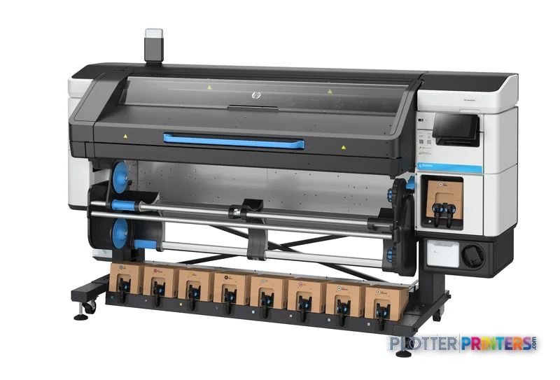 HP Latex 830 W large-format printer product image showing white and gray printer with blue accents and supply cart