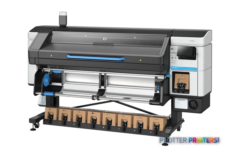 HP Latex 830 W large-format printer product image showing white and black printer with blue accents and supply cart