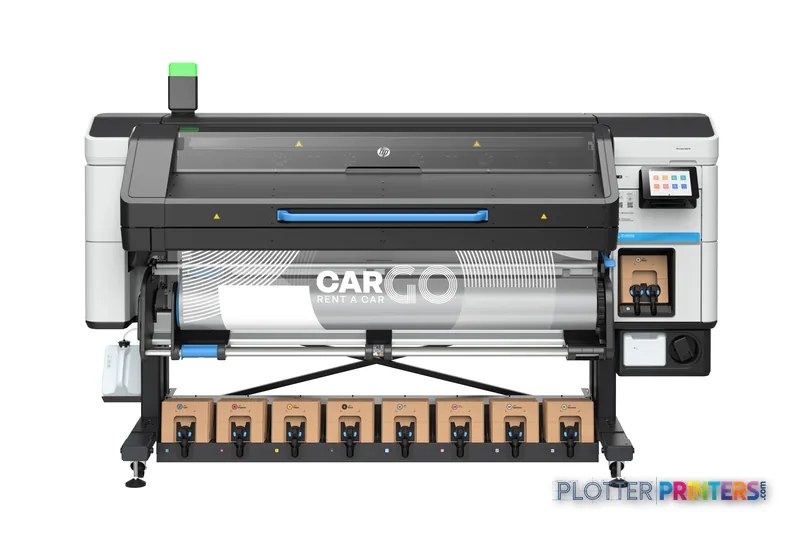 HP Latex 830 W large-format printer product image showing front view with white and black body, blue accents, and control pa…