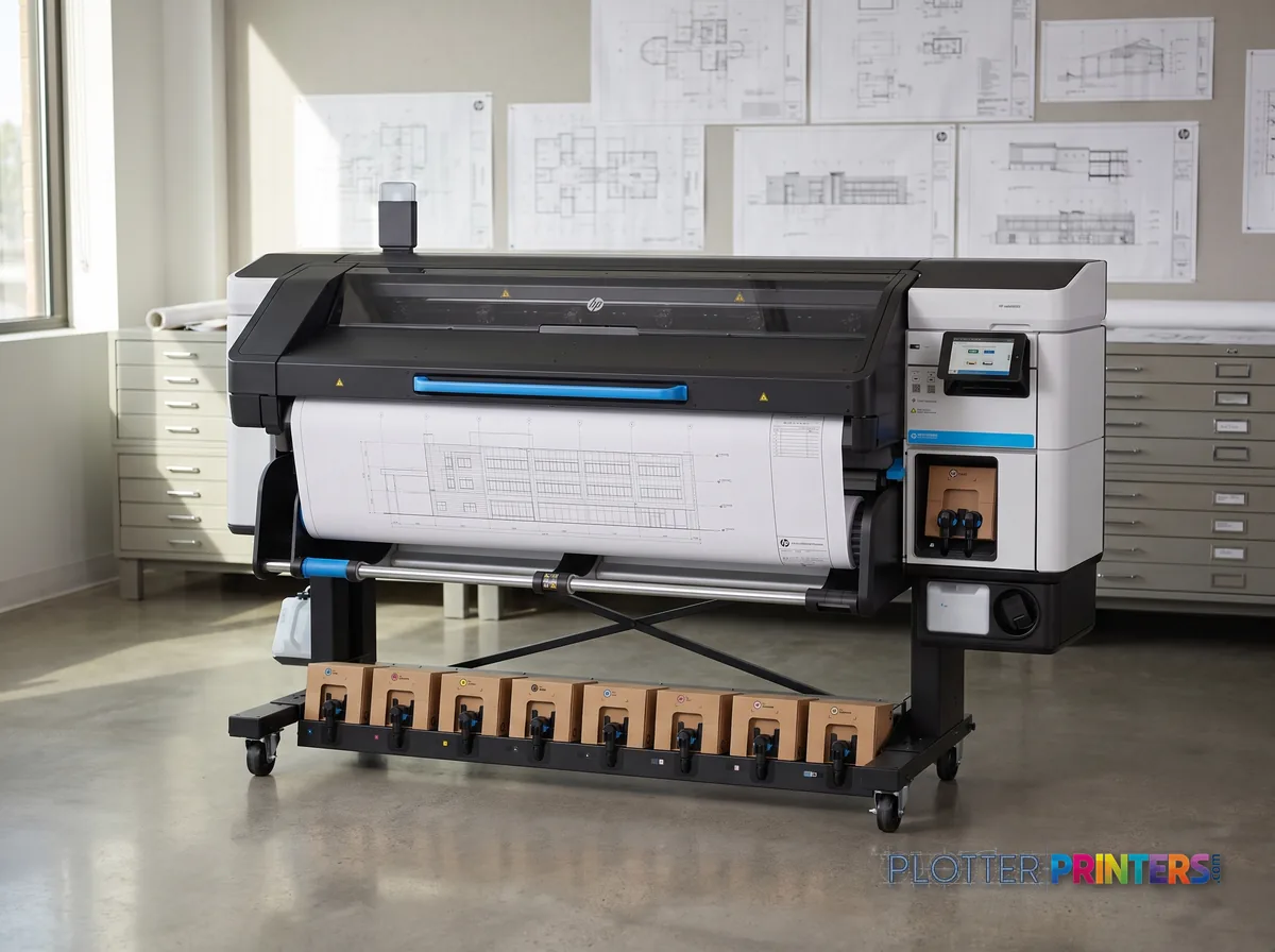 HP Latex 830 W 64-in Wide-Format Printer in a plan room beside flat-file drawers, printing a CAD elevation (staged scene from manufacturer product photography)