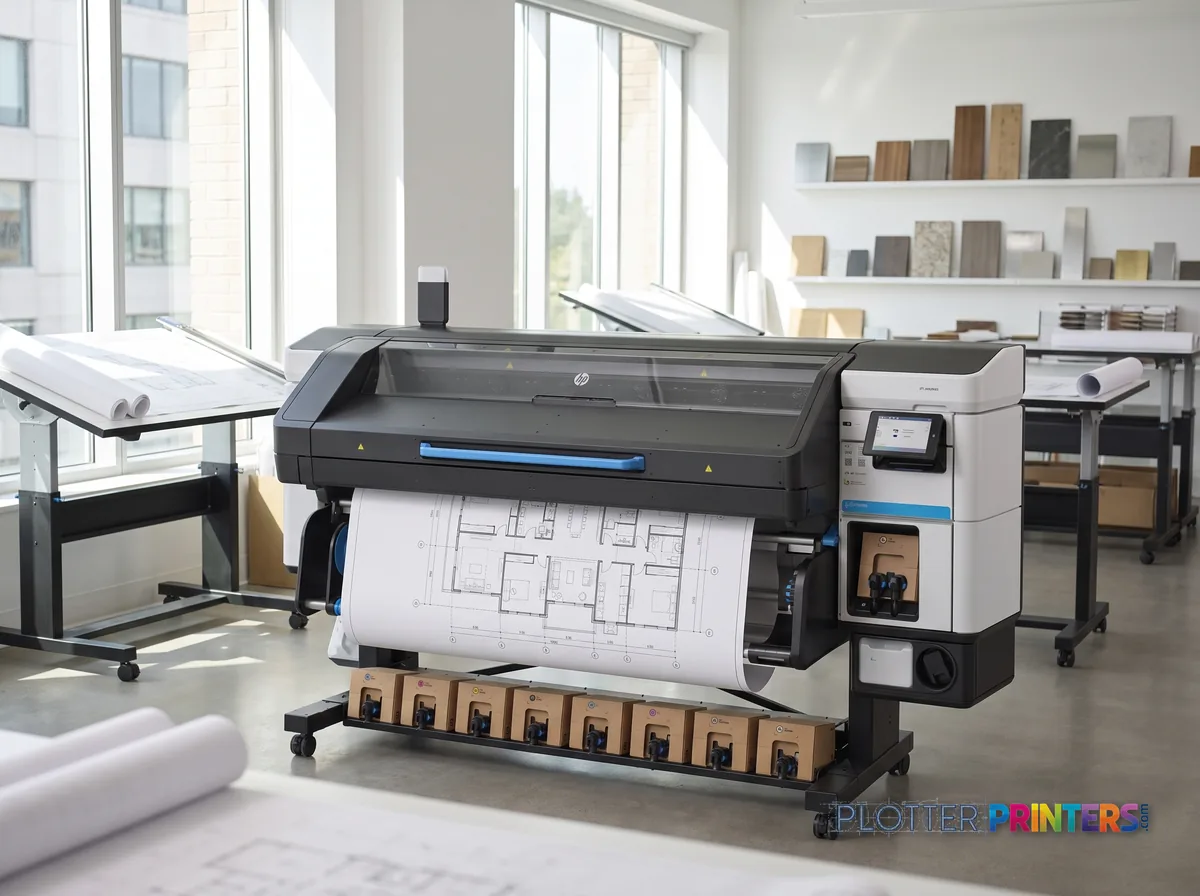 HP Latex 830 W 64-in Wide-Format Printer in a bright architecture studio, printing a large floor plan (staged scene from manufacturer product photography)