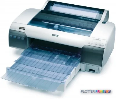 Epson Stylus Pro 4450 Photo Black Edition large-format printer with open output tray showing blue-tinted paper sheets