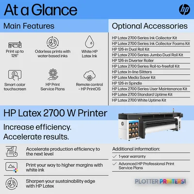 HP Latex 2700 W Printer annotated feature callout showing main features and optional accessories