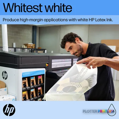 HP Latex 2700 W Printer feature callout showing operator holding white ink printed material