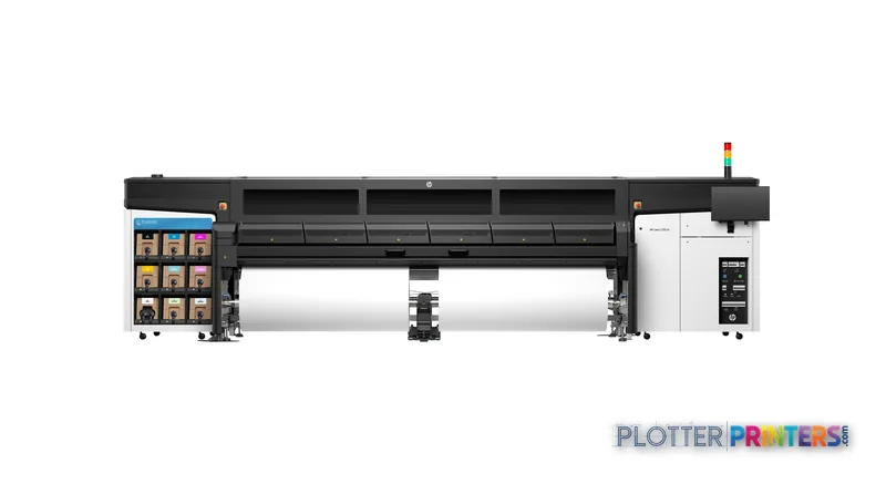 HP Latex 2700 W Printer front-center view showing wide-format printer with ink cartridge panel and white media roll