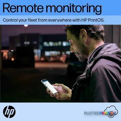 HP Latex 2700 Printer remote monitoring feature callout showing person viewing printer status on mobile device
