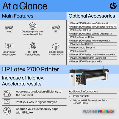 HP Latex 2700 Printer annotated feature callout showing main features and optional accessories