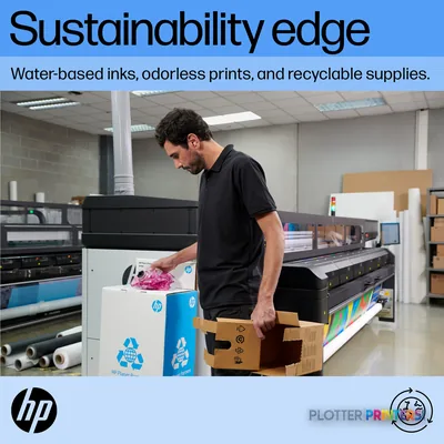 HP Latex 2700 Printer product image showing operator holding recyclable supply box near large-format printer in workshop