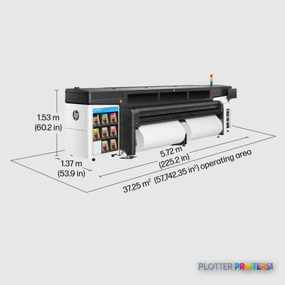 HP Latex 2700 Printer annotated view showing dimensions and operating area footprint
