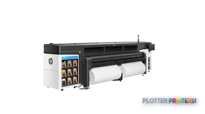 HP Latex 2700 Printer front-right view showing white and black industrial printer with roll media loaded