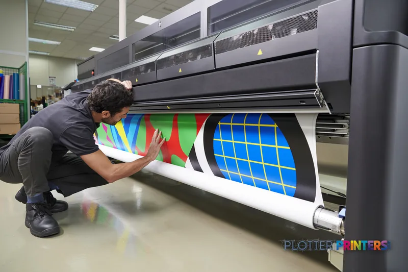 HP Latex 2700 Printer lifestyle image showing operator examining vibrant colored print output from the large-format printer