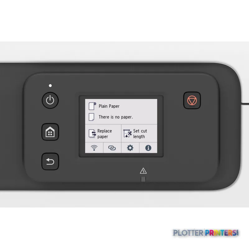 Canon imagePROGRAF TC-21 control panel lifestyle view showing touchscreen display with paper status menu and physical buttons