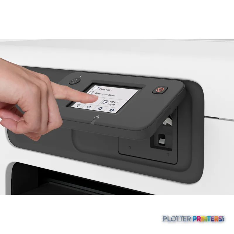 Canon imagePROGRAF TC-21 lifestyle image showing a hand operating the printer's touchscreen control panel
