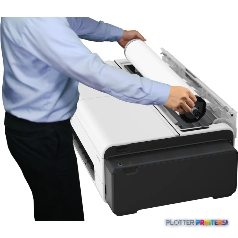 Canon imagePROGRAF TC-21 lifestyle image showing a person loading paper into the printer's feed tray
