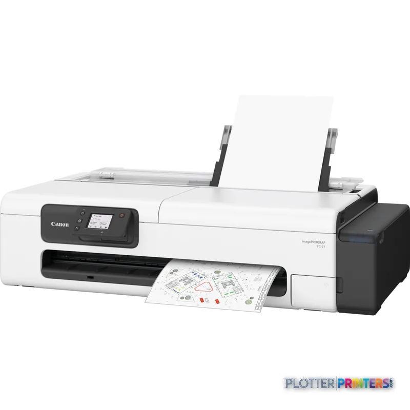 Canon imagePROGRAF TC-21 large format printer lifestyle image showing white and black printer with output tray and ink cartr…
