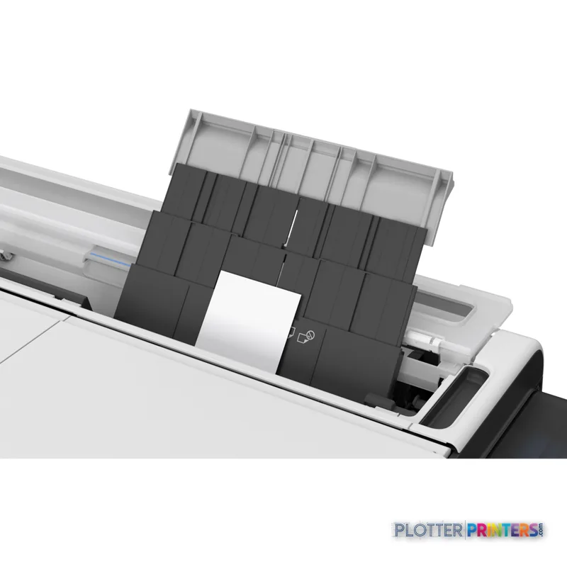 Canon imagePROGRAF TC-21 lifestyle image showing the printer's paper feed mechanism with white and black components