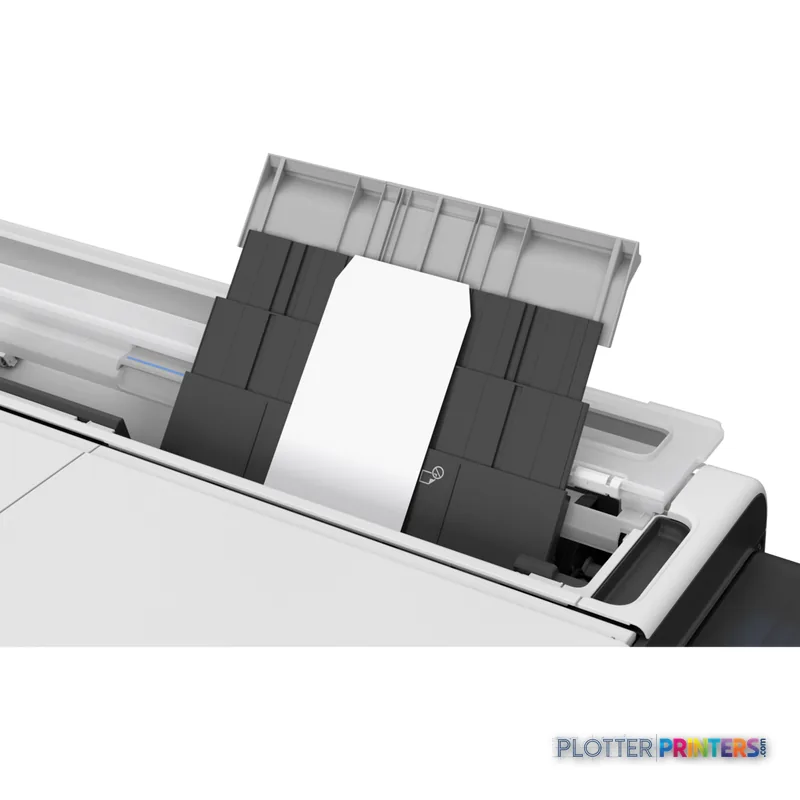 Canon imagePROGRAF TC-21 lifestyle view showing white printer with paper feed mechanism and black rollers