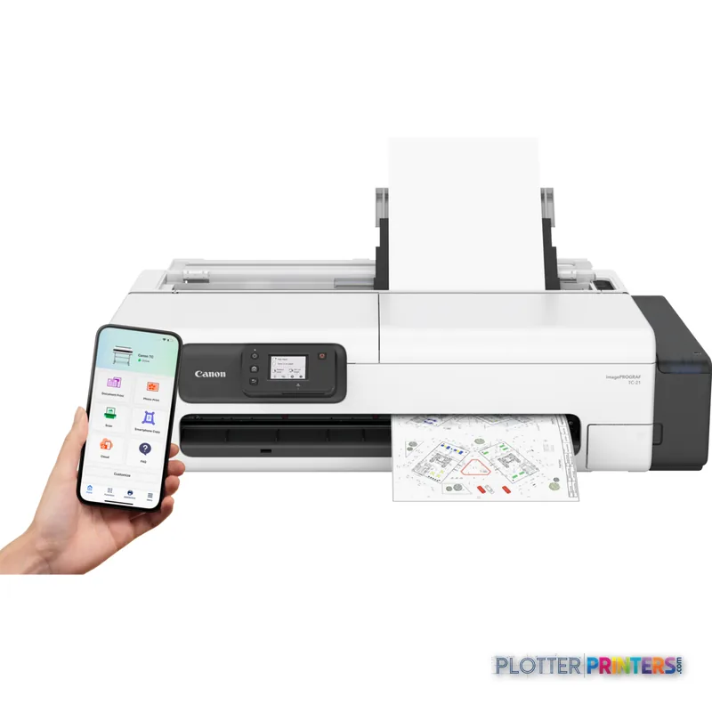Canon imagePROGRAF TC-21 large-format printer lifestyle image showing the white and black device with a smartphone displayin…