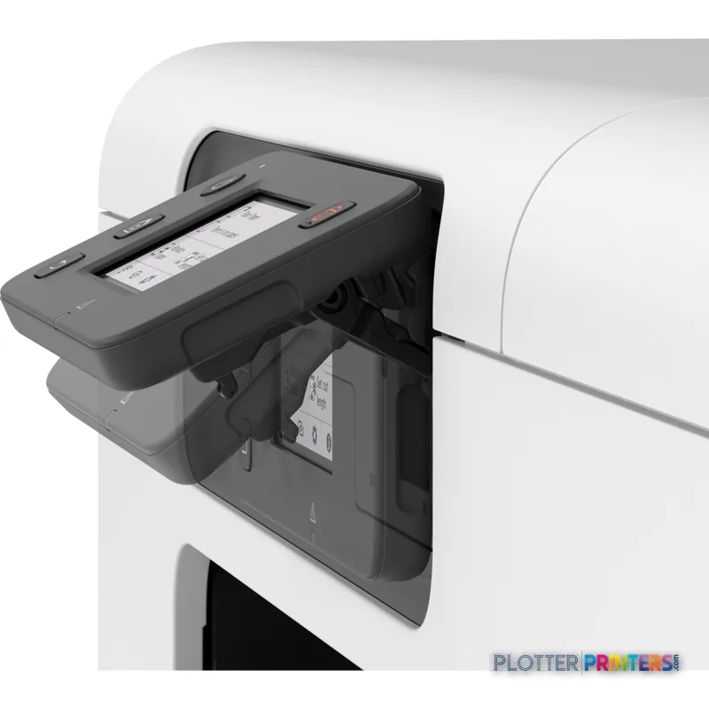 Canon imagePROGRAF TC-21 lifestyle image showing the printer's open control panel with touchscreen display and ink cartridge…