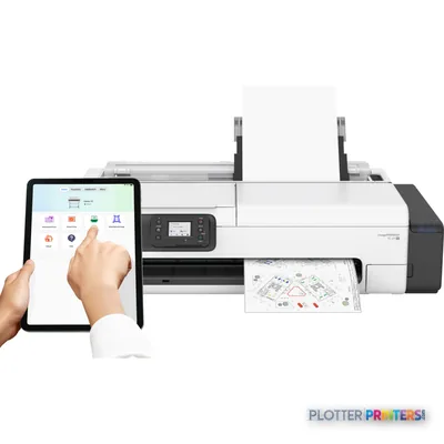 Canon imagePROGRAF TC-21M large format printer lifestyle image showing wireless control via tablet with printed technical dr…