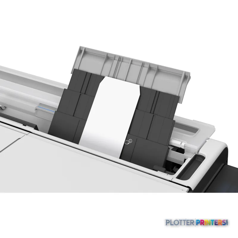 Canon imagePROGRAF TC-21M lifestyle view showing the paper feed mechanism with white paper loaded in the black and white pri…