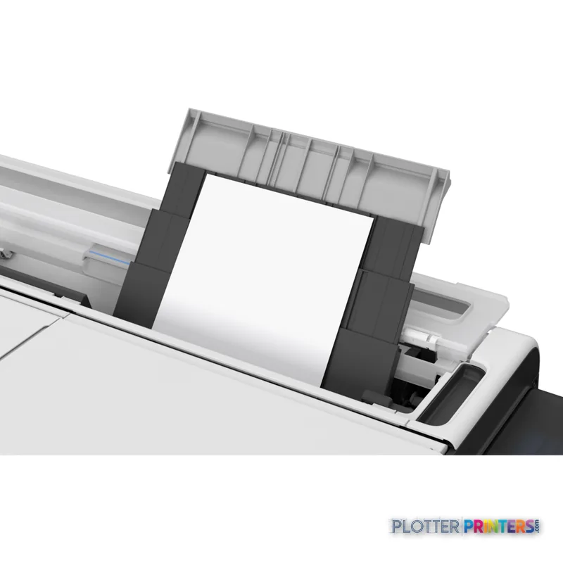 Canon imagePROGRAF TC-21M large format printer lifestyle view showing white and black printer with paper feed mechanism