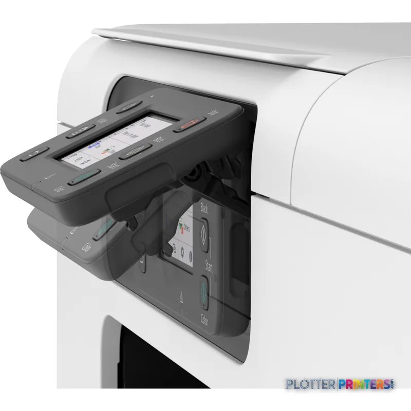 Canon imagePROGRAF TC-21M lifestyle view showing open control panel with touchscreen and ink cartridge access