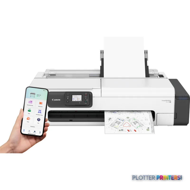 Canon imagePROGRAF TC-21M large format printer lifestyle image with smartphone showing mobile app control