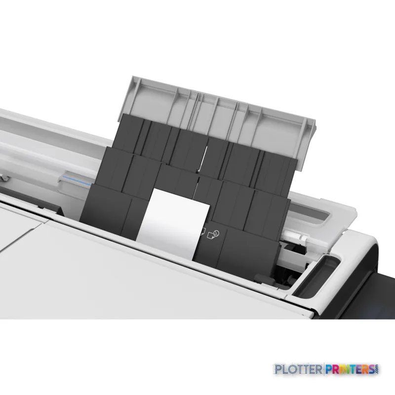 Canon imagePROGRAF TC-21M large format printer lifestyle view showing white and black printer with paper feed system