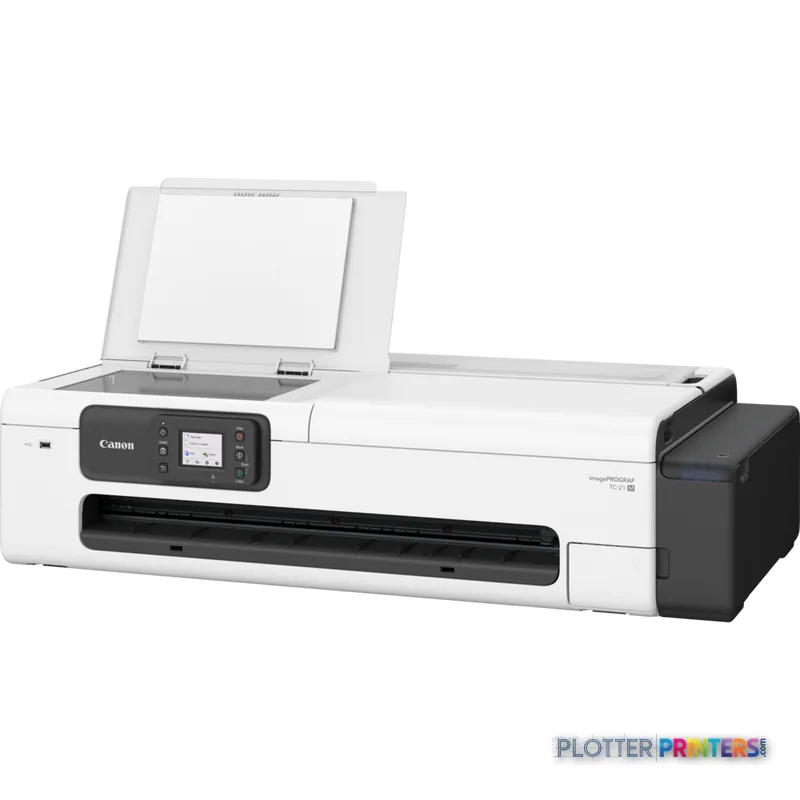 Canon imagePROGRAF TC-21M large format printer lifestyle image showing white and black inkjet printer with open top cover an…