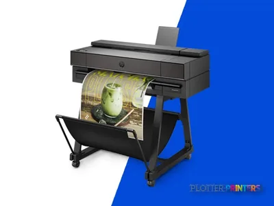 HP DesignJet T870 24-in Printer shown from the side with a colorful print of an apple rolling out of the output tray