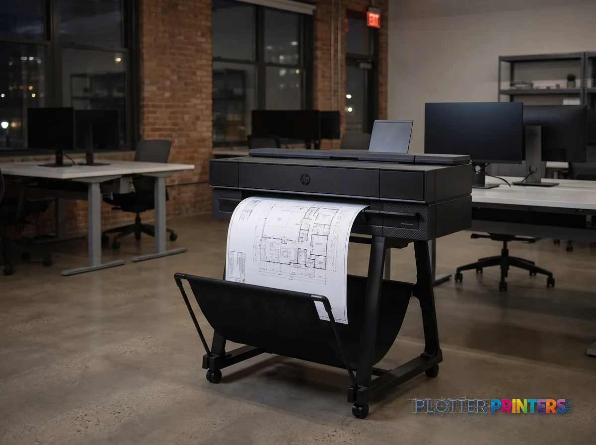 HP DesignJet T870 24-in Printer in an engineering office with a technical drawing at its print slot (staged scene from manufacturer product photography)