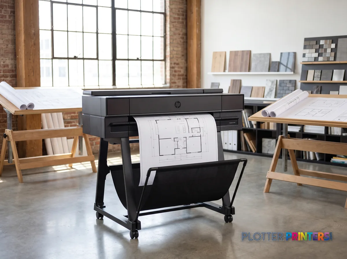 HP DesignJet T870 24-in Printer in a bright architecture studio, printing a large floor plan (staged scene from manufacturer product photography)