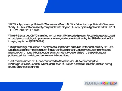 HP DesignJet XT870 24-in Printer product image with feature callouts highlighting specifications and compatibility details