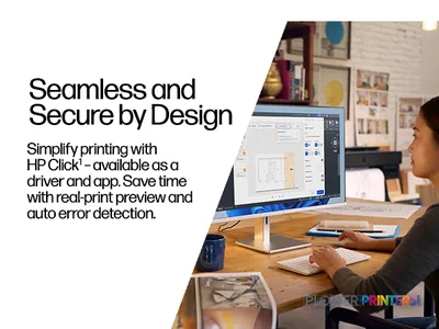 HP DesignJet XT870 24-in Printer product feature callout showing HP Click software interface on monitor with user at desk