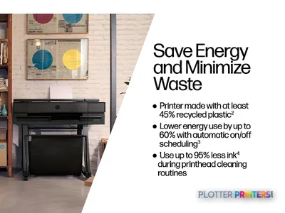 HP DesignJet XT870 24-in Printer annotated with energy efficiency features highlighted