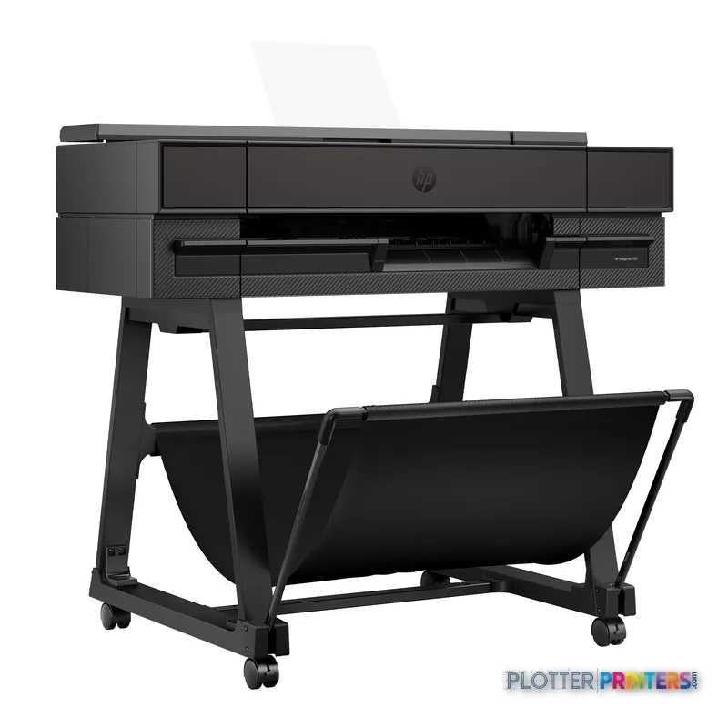 HP DesignJet XT870 24-in Printer front-left view showing black printer on stand with output tray