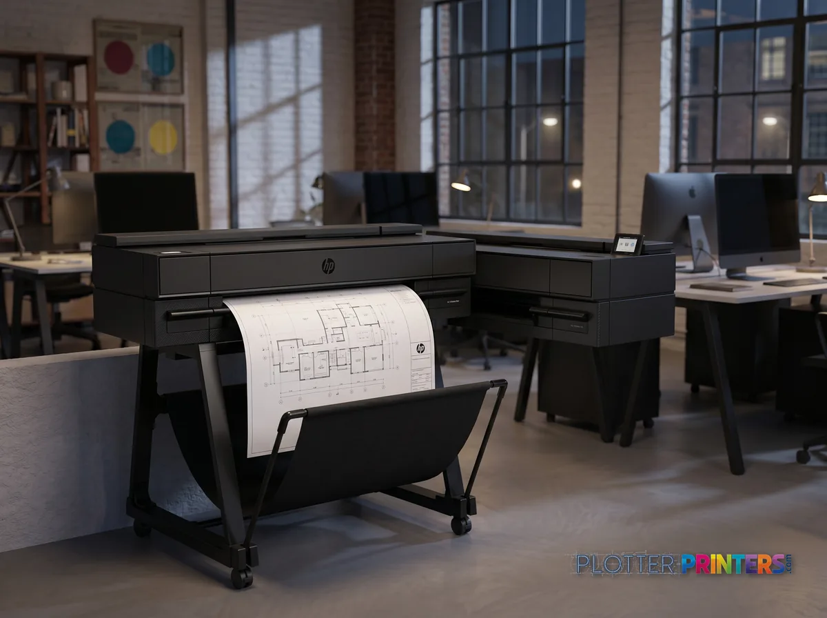 HP DesignJet XT870 24-in Printer in an engineering office with a technical drawing at its print slot (staged scene from manufacturer product photography)