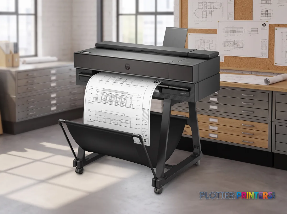 HP DesignJet XT870 24-in Printer in a plan room beside flat-file drawers, printing a CAD elevation (staged scene from manufacturer product photography)