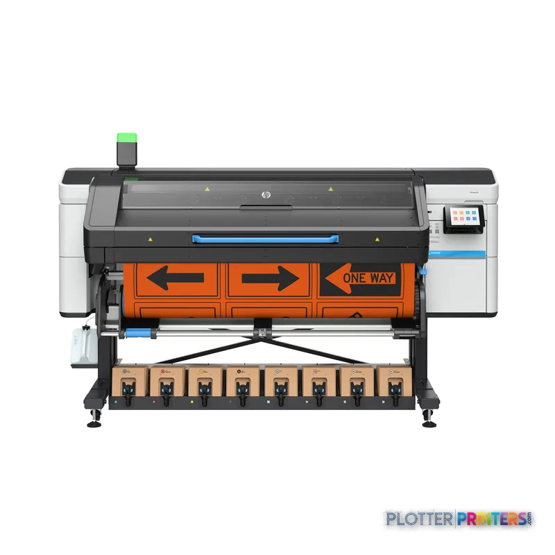 HP LATEX 830 PRINTER 64IN product detail view showing front of large-format printer with orange banner sample