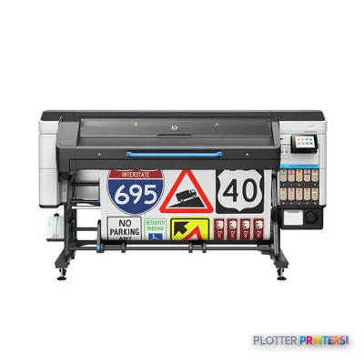 HP LATEX 730 W PRINTER 64IN product detail view showing front of large format printer with sample signage output